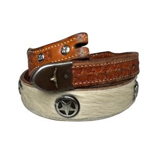 Western belt cowhide white Brown tooled‎ Leather Star concho cowboy 34 silver